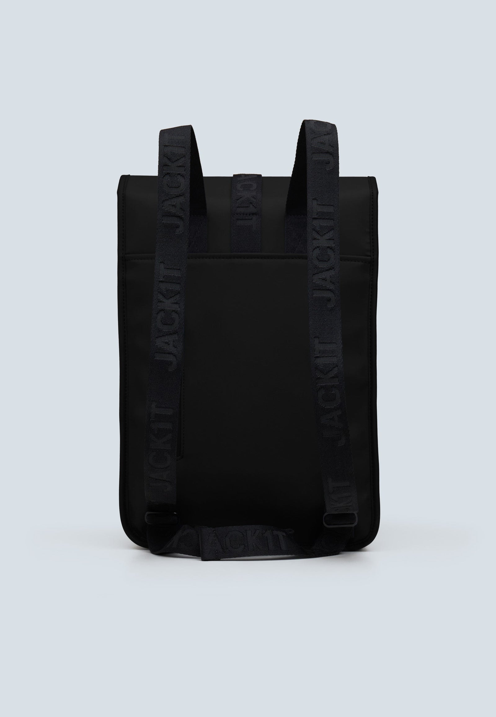 The JACK1T slim messenger laptop bag in black with sleek design and premium fabric, showcasing its minimalist back view.