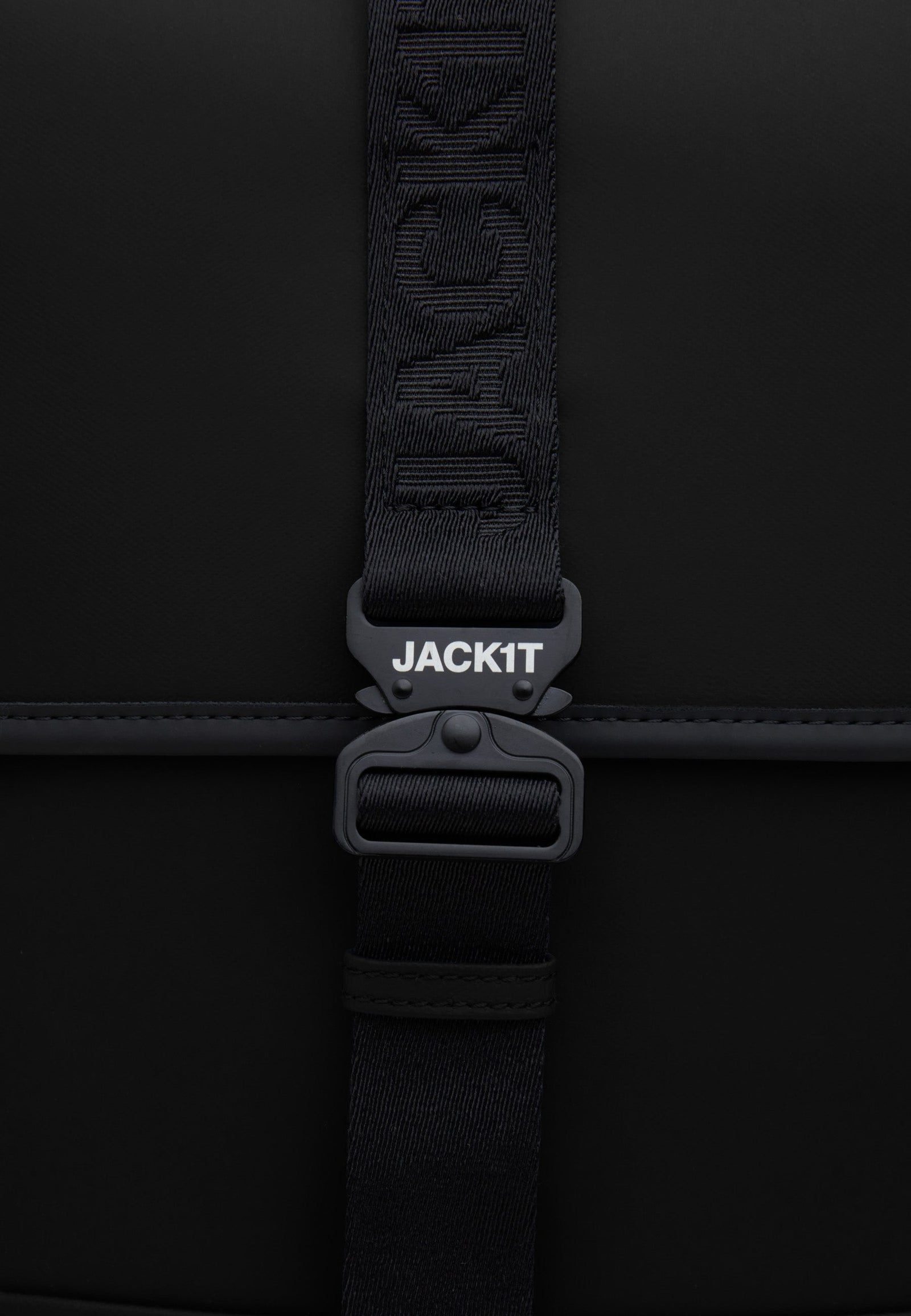 JACK1T slim messenger laptop bag in black buckle detail and strap showcasing sleek design