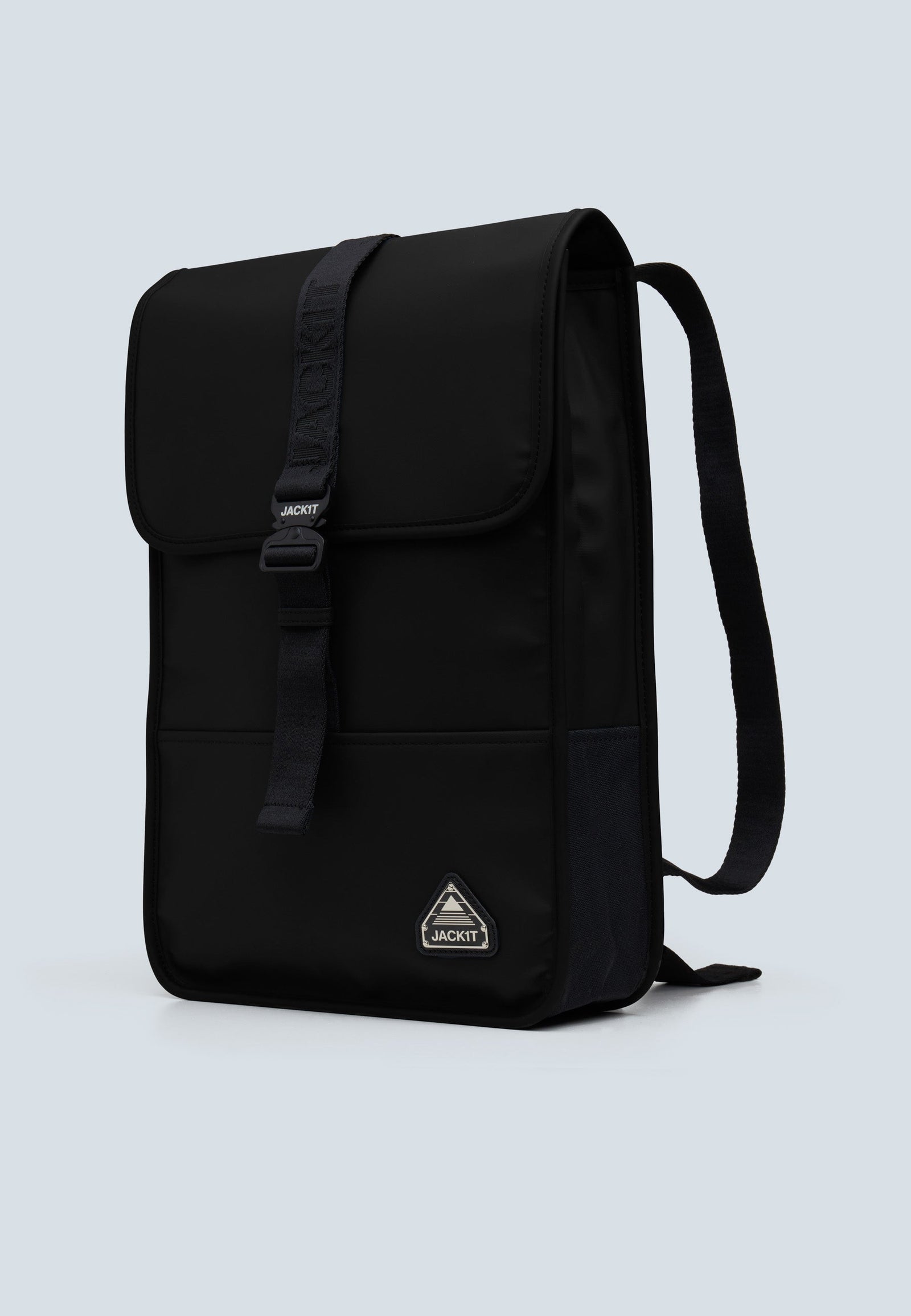 The JACK1T slim messenger laptop bag in black, featuring a sleek design and magnetic flap closure.