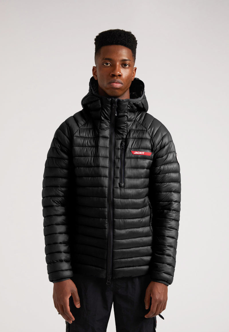 SATEL1TE Hooded Jacket 2.0 Black displayed on a man, featuring a sleek design and warm insulated finish.