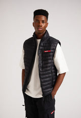 SATEL1TE Lightweight Puffer Gilet 2.0 Black worn by a model, featuring a stylish design and comfortable fit.