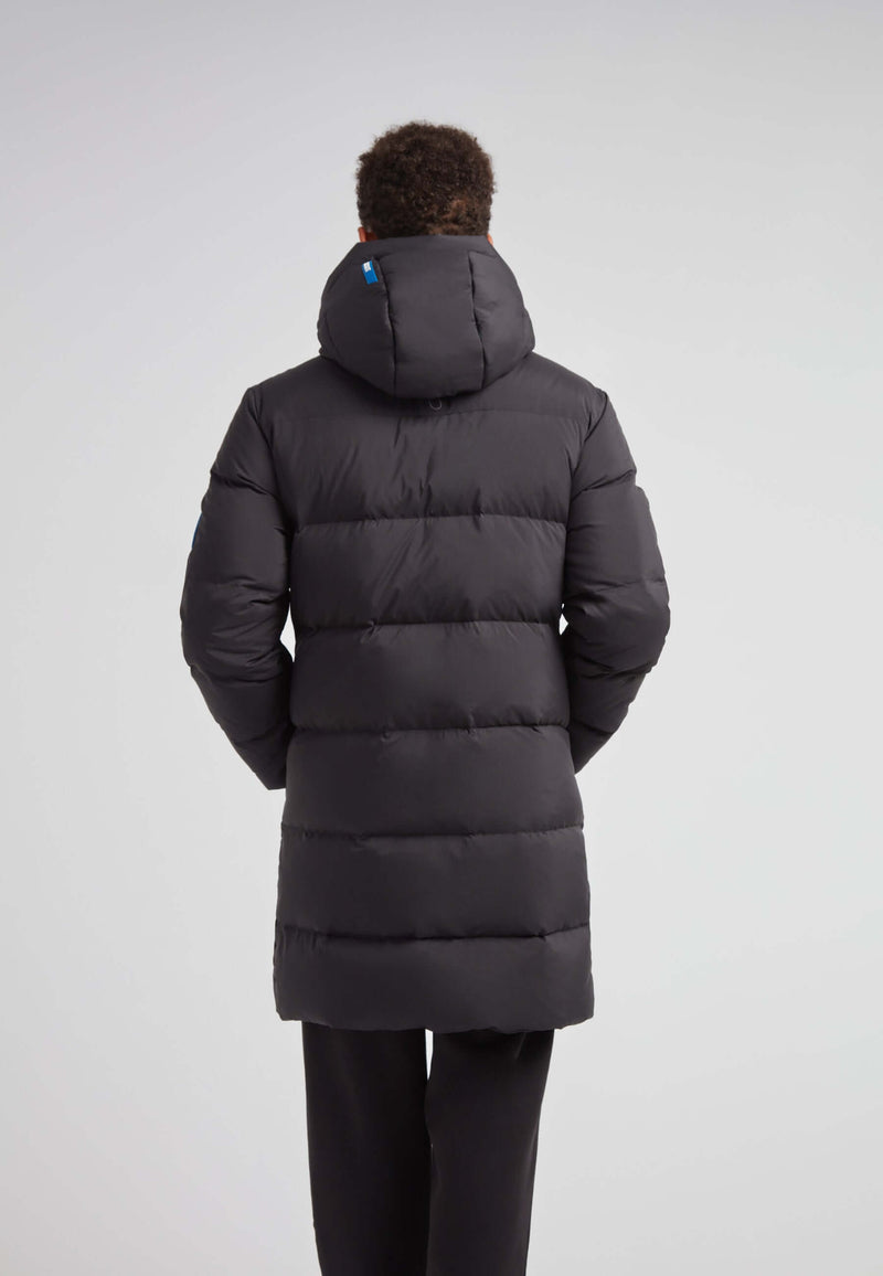Back view of the Mens Down Parka Coat Black showcasing its long length and hood design.