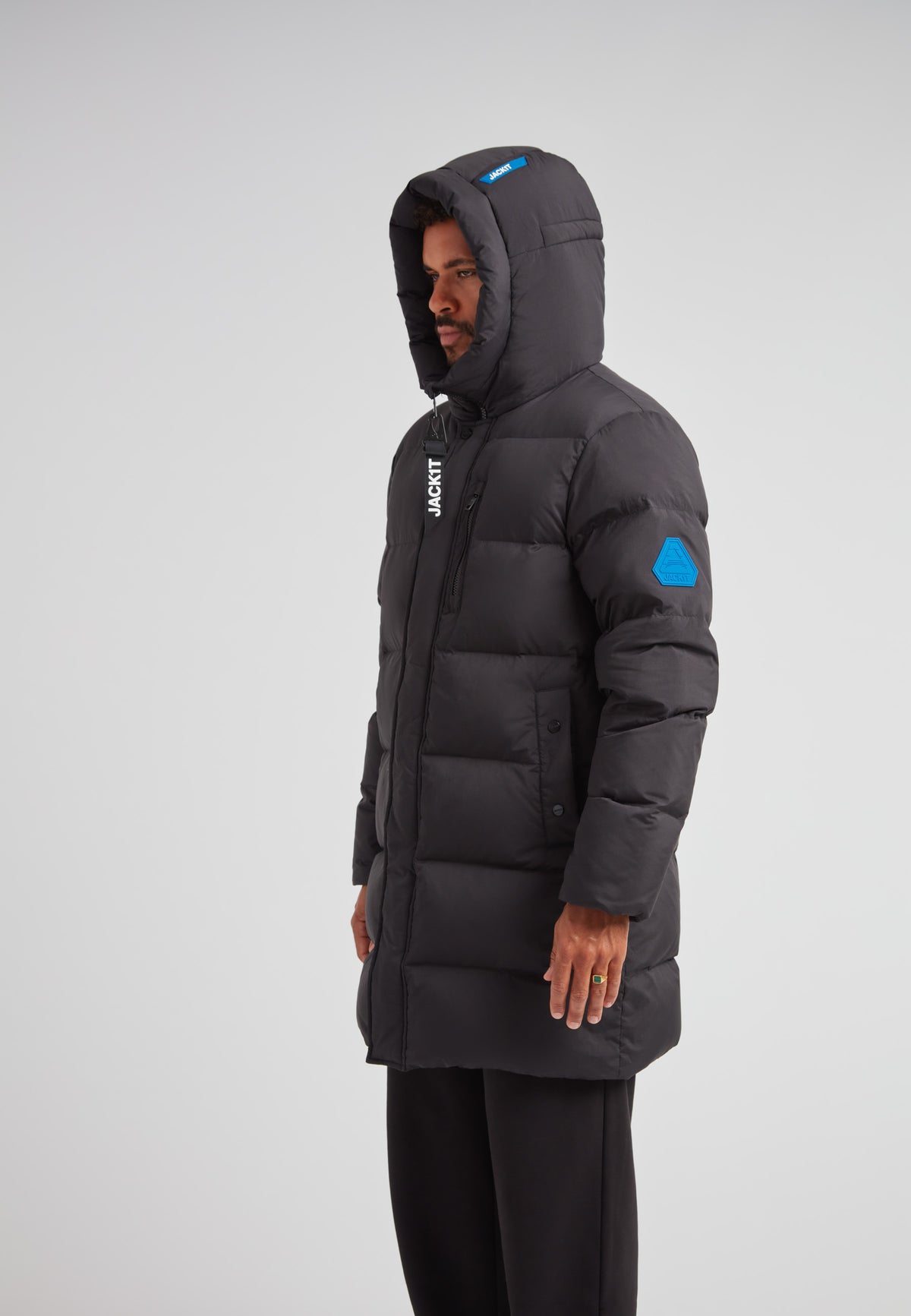 Down Parka Coat for Men in Black, featuring hood and pockets for winter protection.