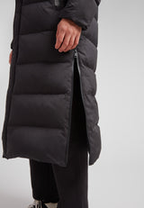Mens Extra Long Puffer Coat in Black showcasing the side zip and puffer design for warmth and style.