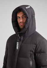 Mens Extra Long Puffer Coat in Black with hood and modern design for winter protection.