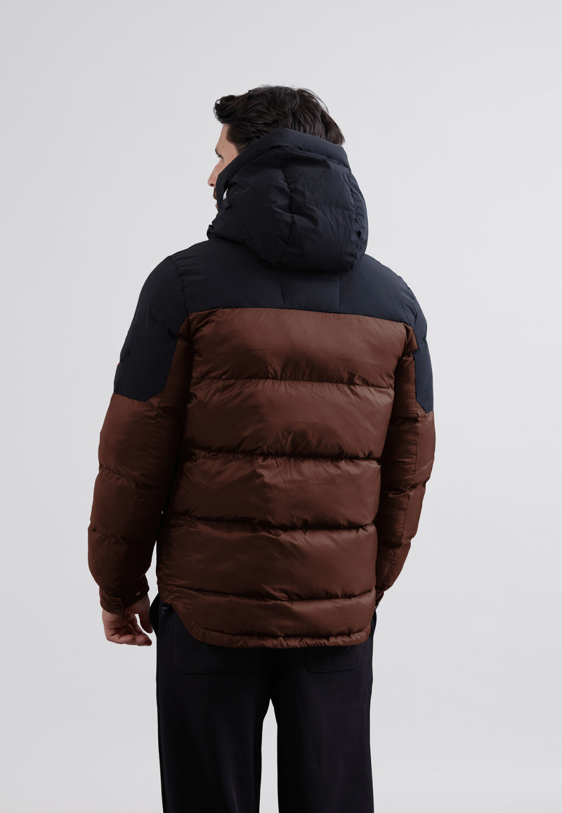 Luna Lightweight Mens Puffer Jacket Mocha shown from the back, featuring a black hood and contrasting color panels.