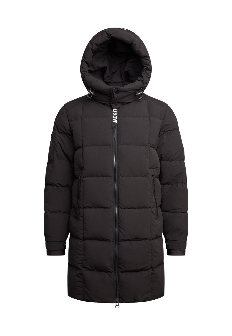 EZ Boxed Long Down Puffer Coat Matt Black flat lay swatch