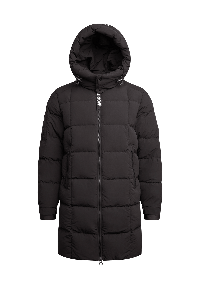 EZ Boxed Long Down Puffer Coat Matt Black flat lay swatch