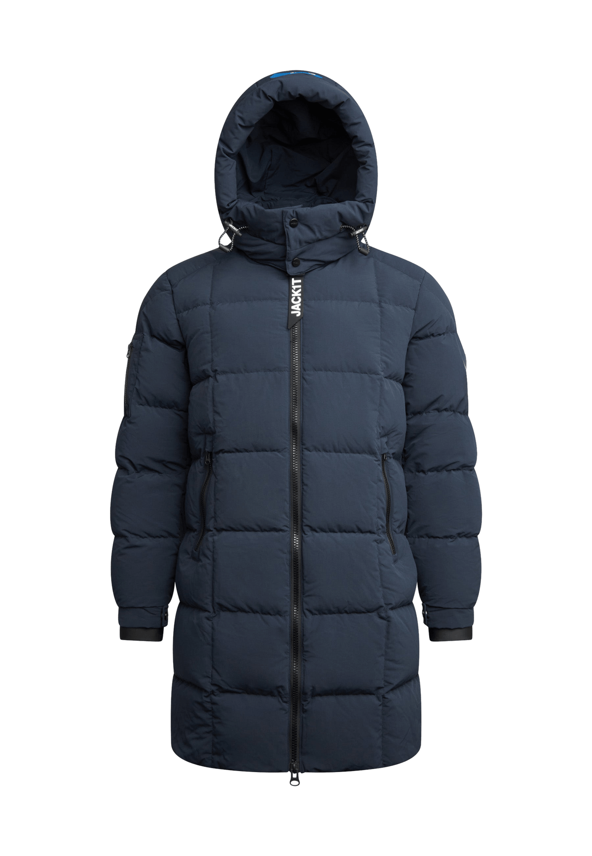 EZ Boxed Long Down Puffer Coat navy with adjustable hood and zip pockets
