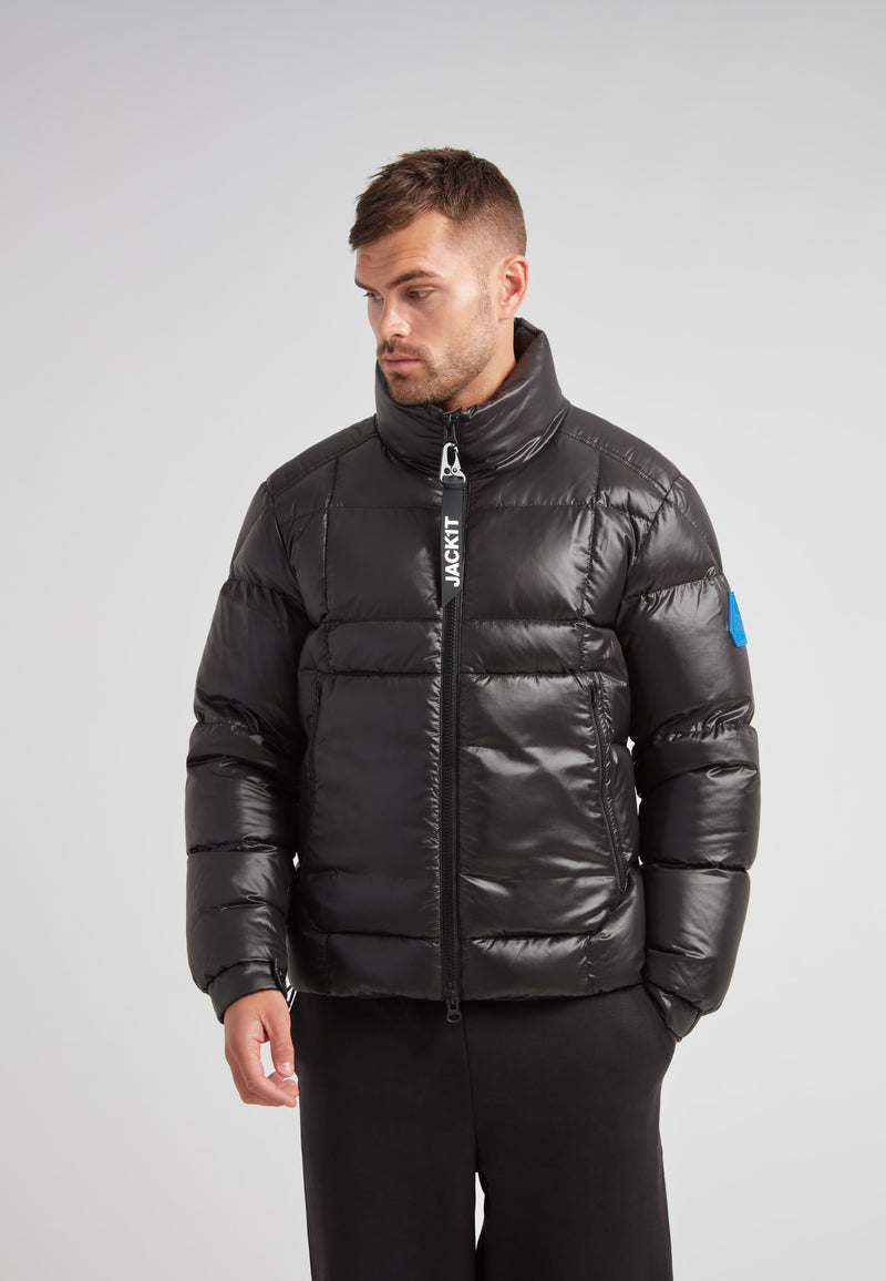 EZ Boxed Funnel Puffer Jacket Lux Black featured on a model, showcasing its sleek design and winter functionality.