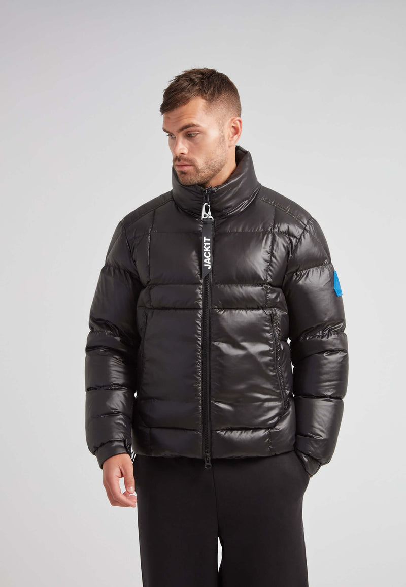 EZ Boxed Funnel Puffer Jacket Lux Black featured on a model, showcasing its sleek design and winter functionality.