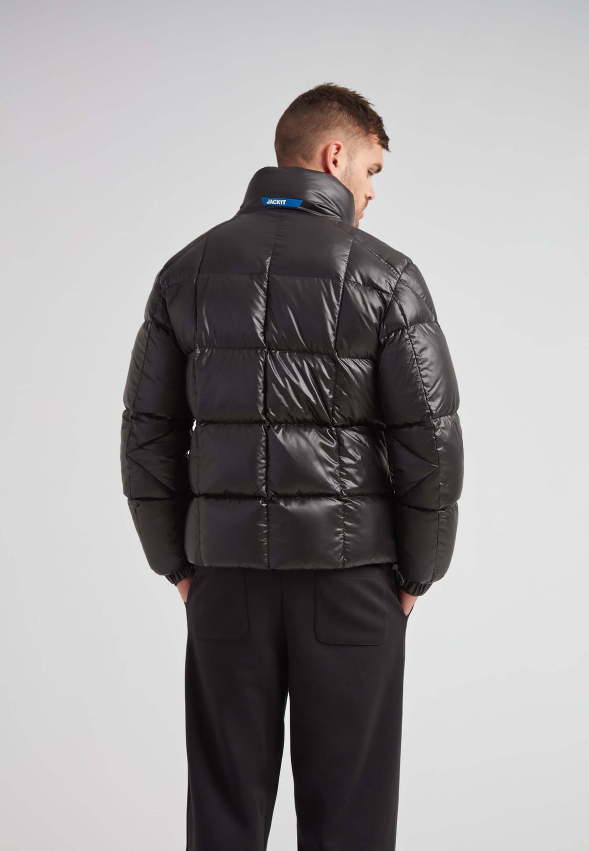 EZ Boxed Funnel Puffer Jacket Lux Black back view showcasing stylish puffer design and funnel neck.