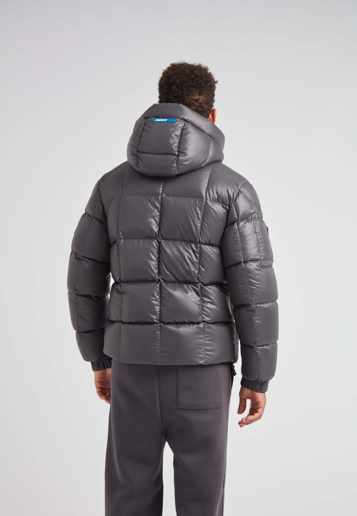 EZ Boxed Puffer Racer Jacket Lux Graphite, stylish men's puffer jacket with hood, warm and insulated.