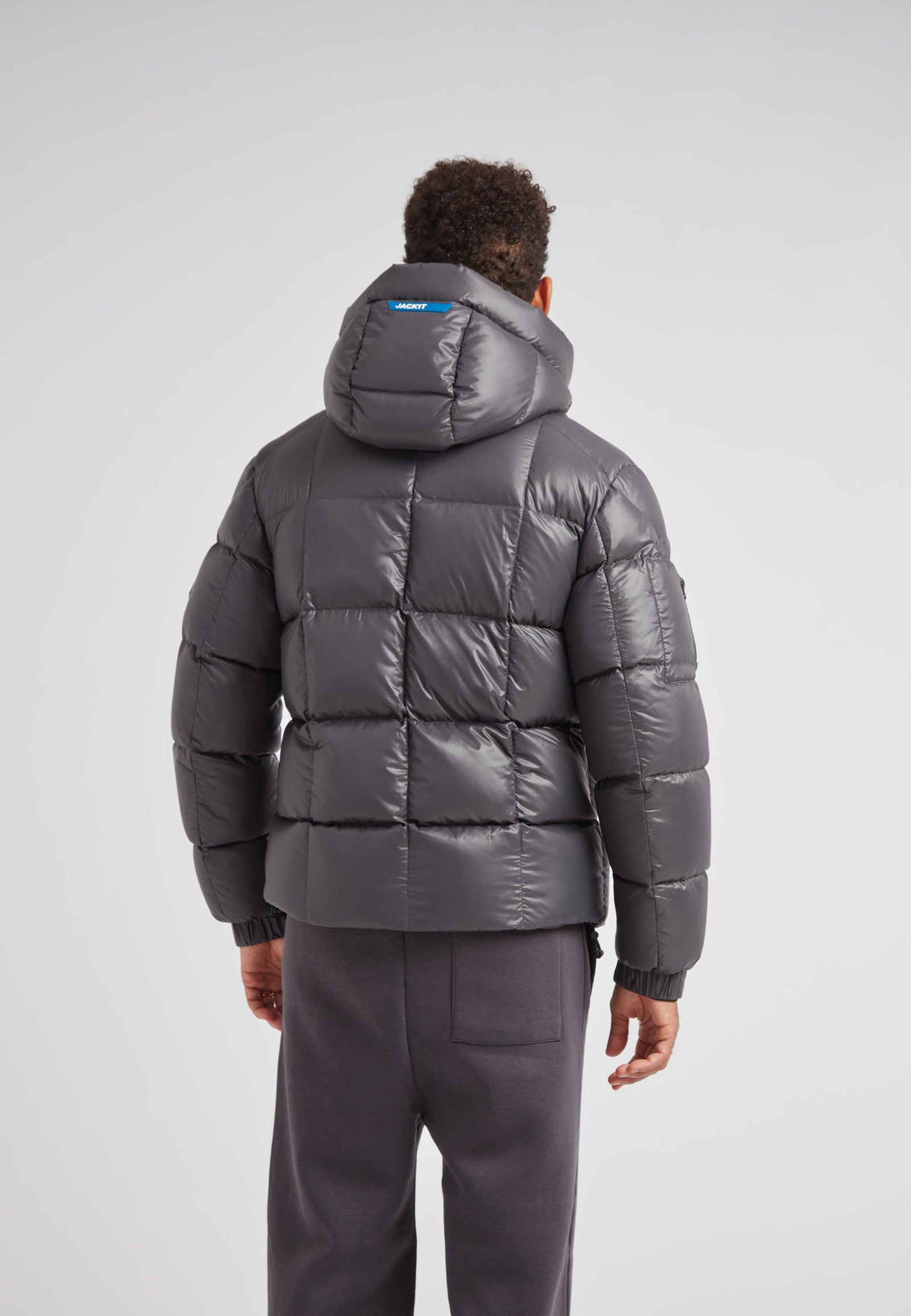 EZ Boxed Puffer Racer Jacket Lux Graphite, stylish men's puffer jacket with hood, warm and insulated.