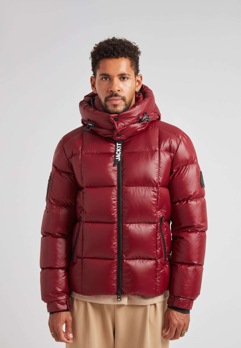 EZ Boxed Puffer Racer Jacket Lux Red showcased on a model, featuring a sleek design and cozy insulation.
