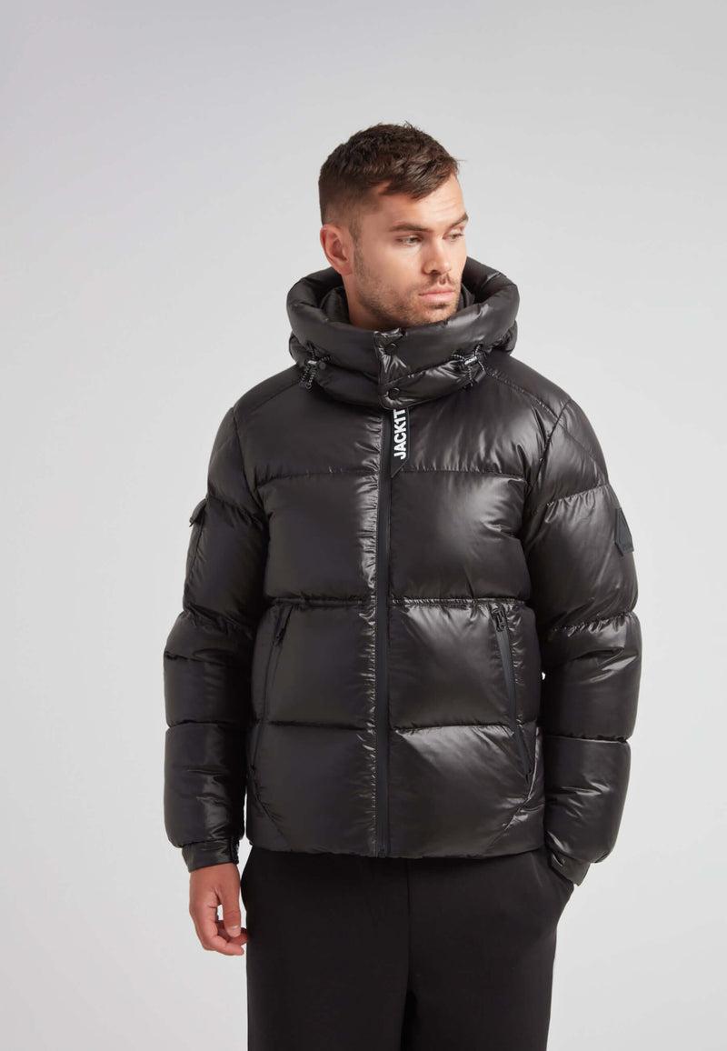 EZ Water Puffer Racer Jacket Lux Black worn by model, showcasing stylish winter outerwear for men.