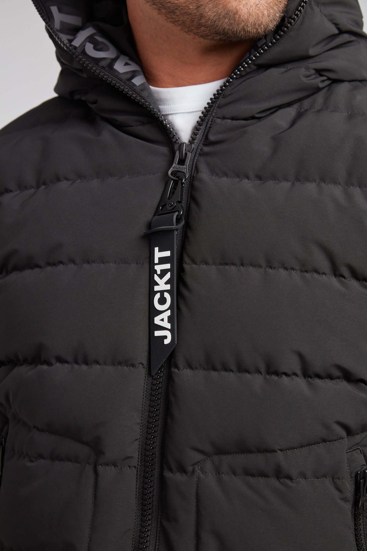 R4D Tramline Puffer Racer Jacket Matt Black close-up showing zip and hood details from JACK1T.