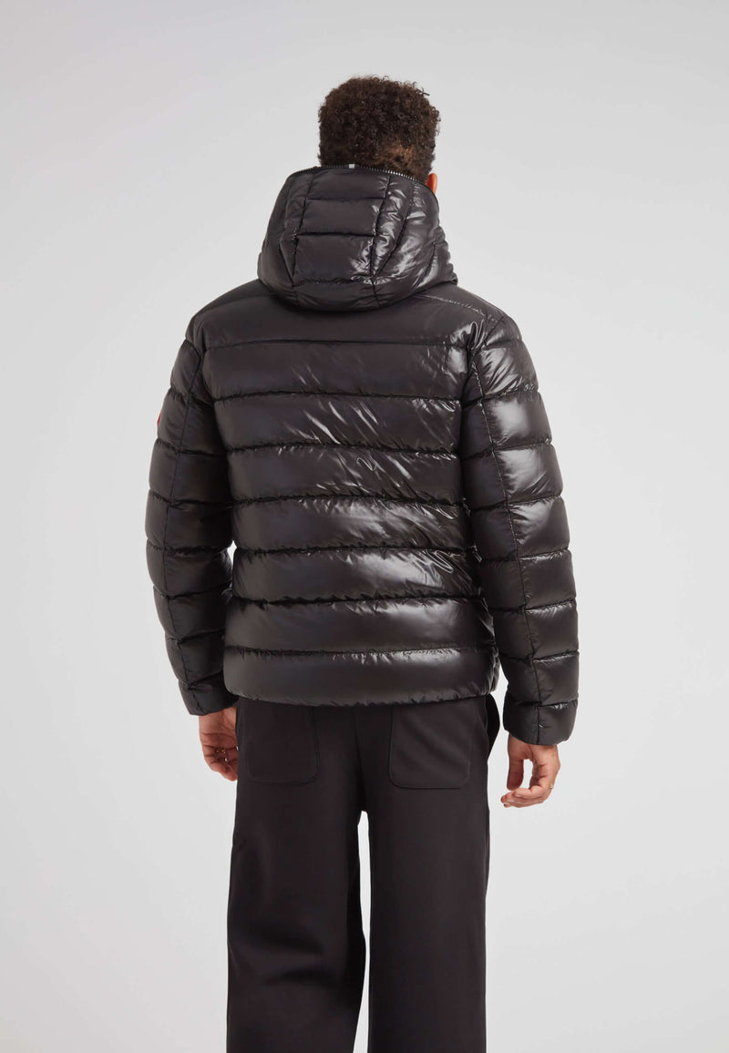 R4D Tramline Puffer Racer Jacket Lux Black seen from the back, showcasing its sleek design and hood.