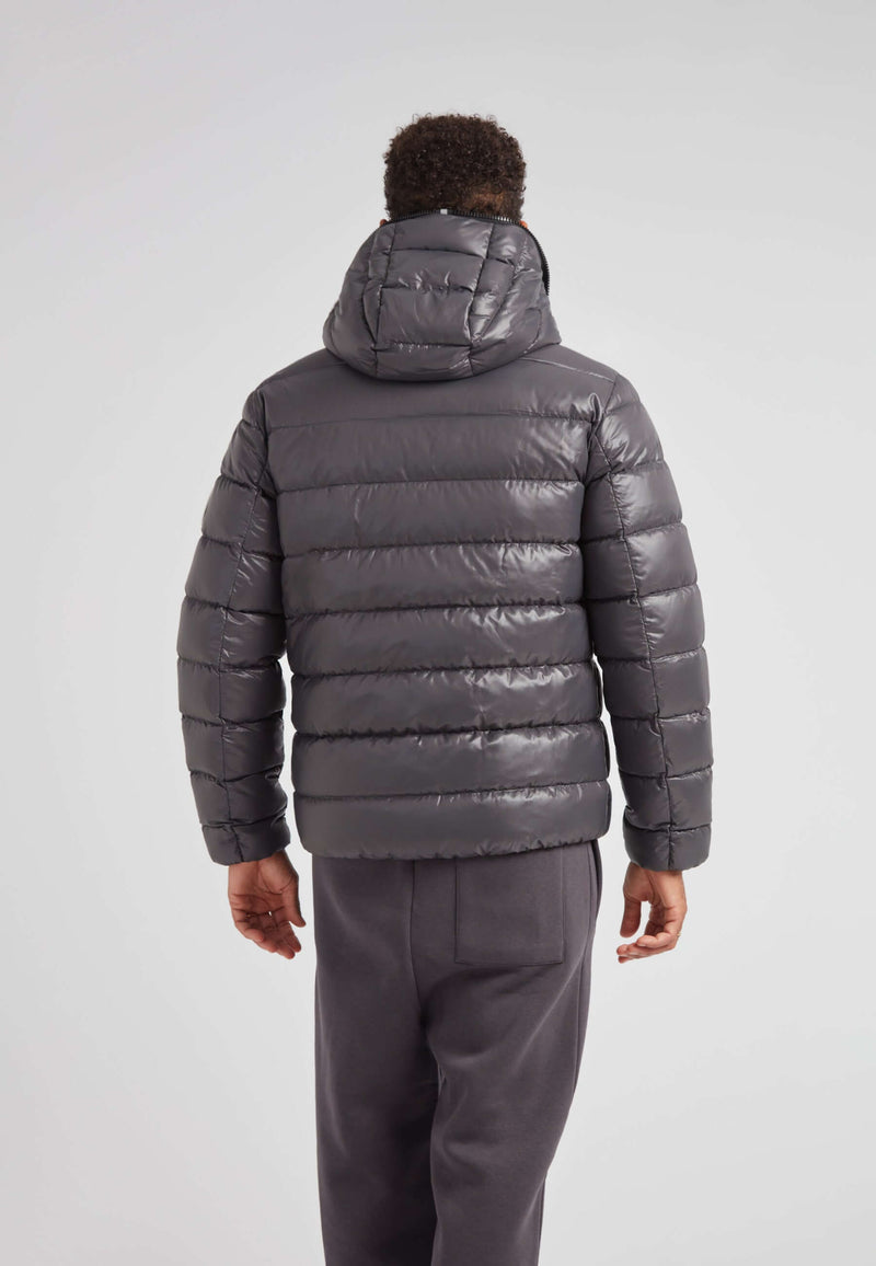 R4D Tramline Puffer Racer Jacket Lux Graphite shown from the back, highlighting its sleek design and hood.