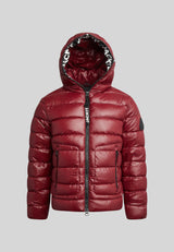 R4D Tramline Puffer Racer Jacket Lux Red with hood, zip front, and WATER REPELLENT finish, perfect for urban style.