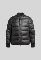 Vortex Bomber Jacket in matt black with padded design and blue detail for modern outerwear.