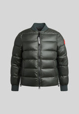 Vortex Bomber Jacket in matt olive showcasing a sleek design and durable water-resistant features.