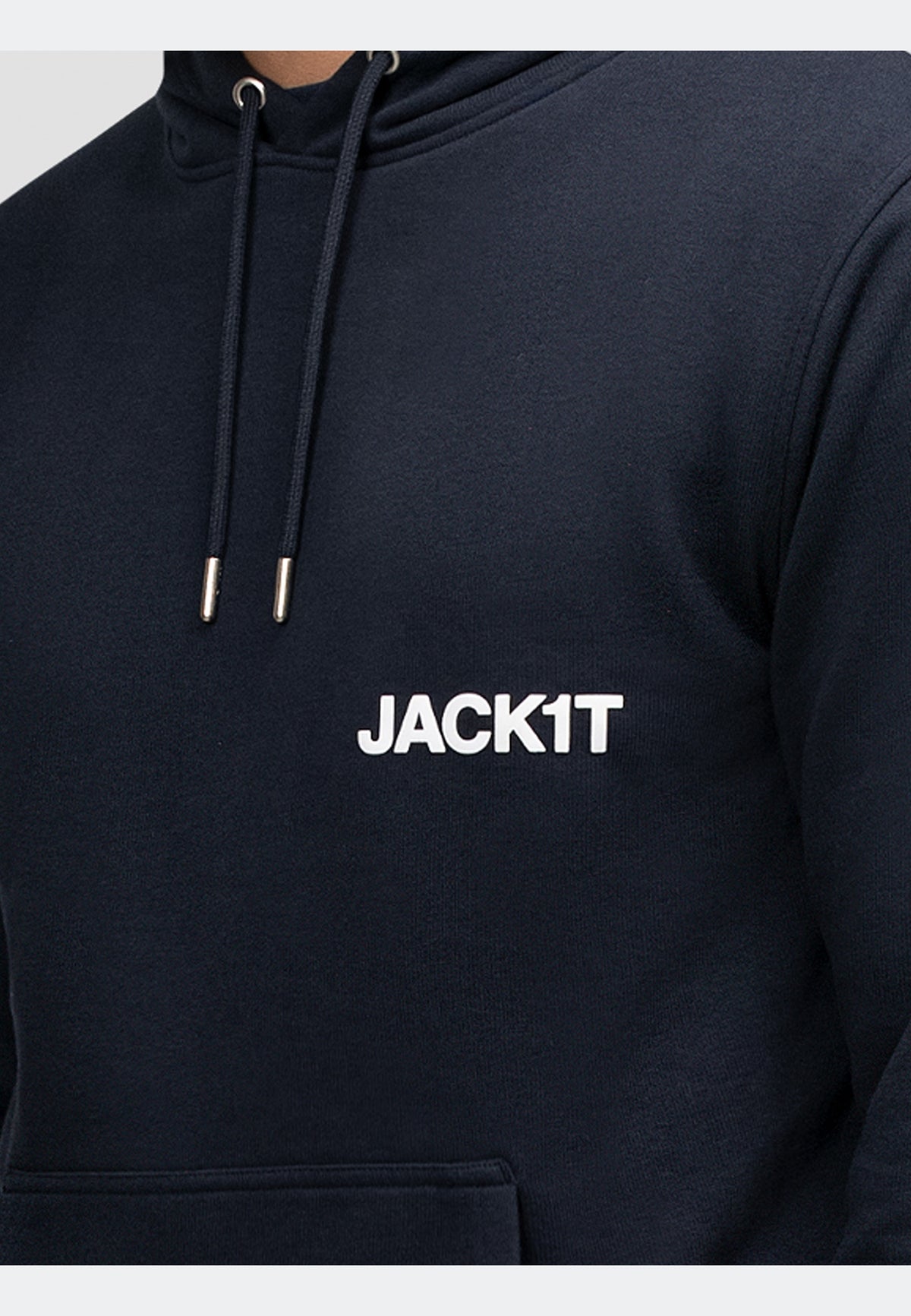 Close-up of navy hoodie featuring JACK1T logo on chest, crafted for comfort and style.