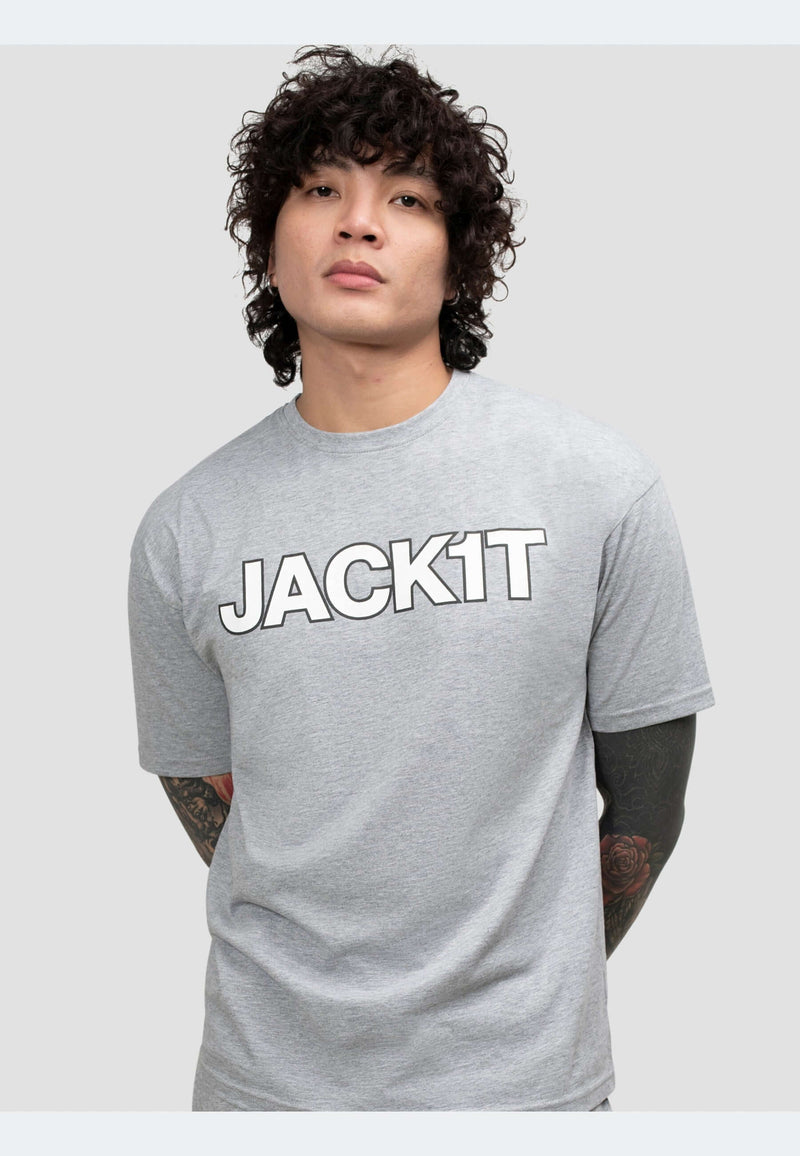 Men's short sleeve grey t-shirt made from 100% cotton, featuring a bold JACK1T graphic design.