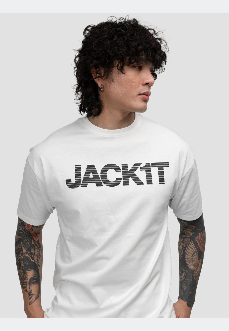Men wearing off white t-shirt with JACK1T branding, showcasing a stylish and modern design.