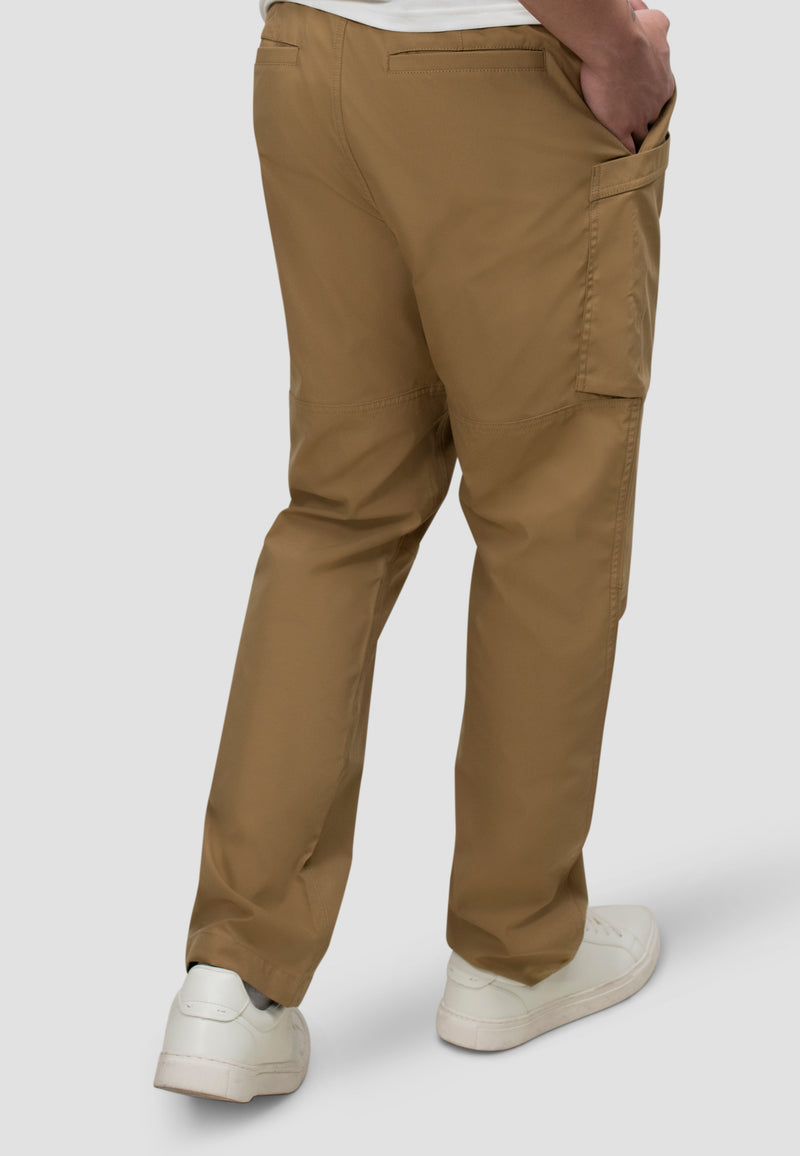 Men's sand cargo trousers featuring a relaxed fit, elasticated waist, and adjustable drawstrings, shown from the back.