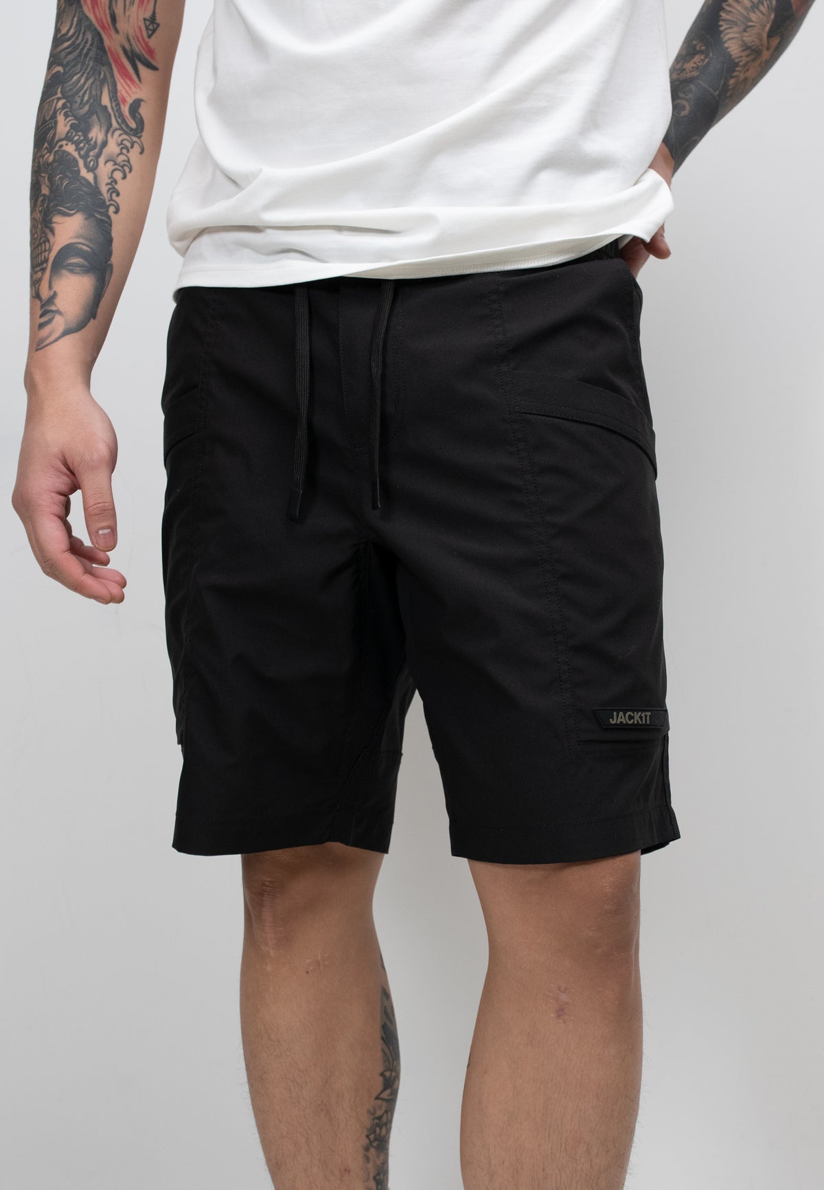 Men's black summer shorts with elastic waist, relaxed fit, perfect for warm weather and travel.
