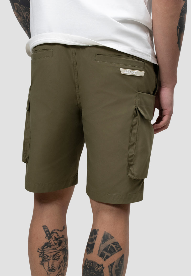Back view of men's olive cargo shorts showcasing pockets and relaxed fit, perfect for summer wear.