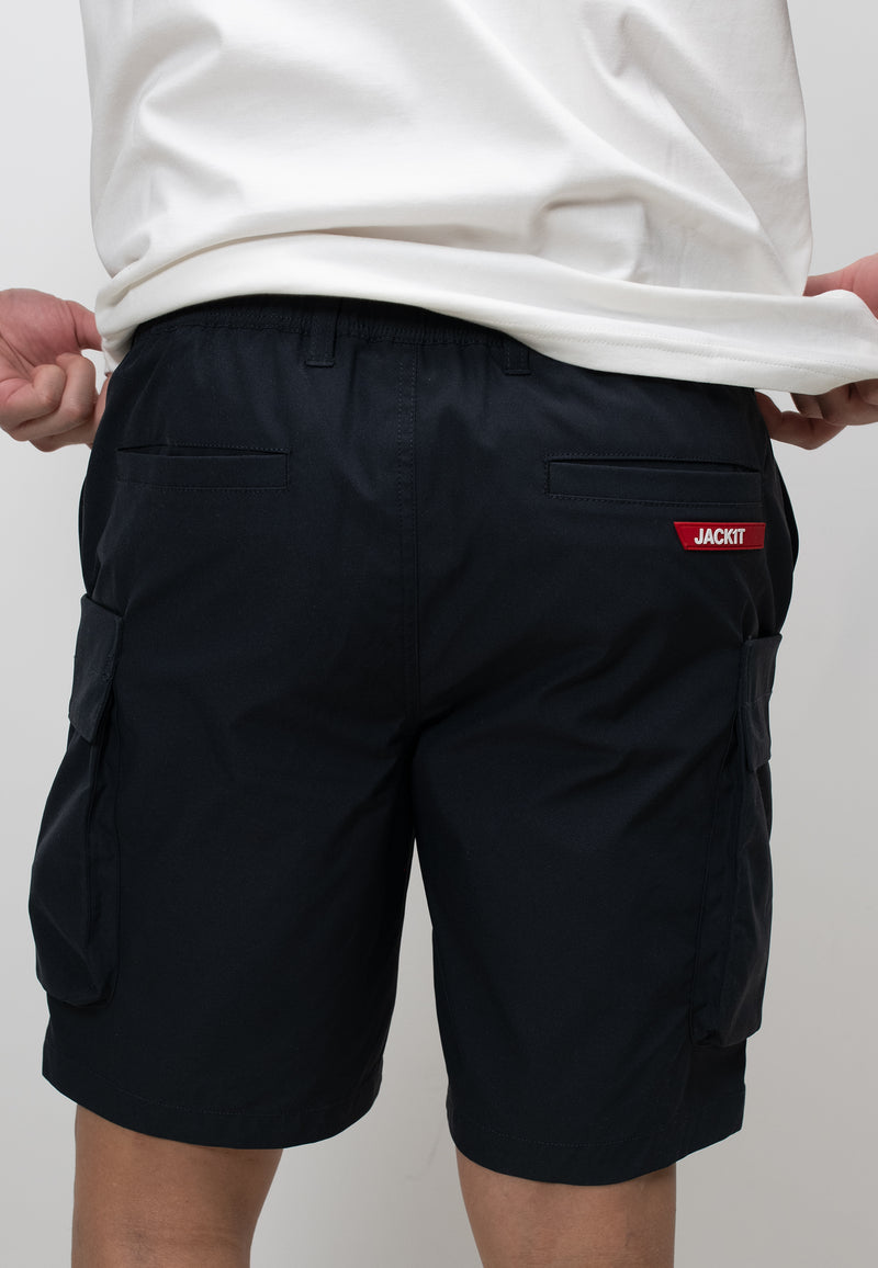 Men's navy cargo shorts showcasing an elasticated waist and utility pockets, perfect for summer wear.
