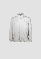 Mens lightweight stone windbreaker featuring a roll-out hood and elasticated cuffs in a sleek white design.