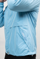 Mens lightweight sky blue windbreaker featuring a zippered pocket and elastic cuffs for a stylish fit.