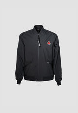 Mens black bomber jacket with lightweight water-resistant fabric and mesh lining for breathability.