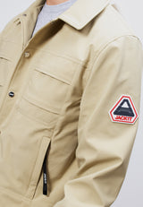 Mens Sand Shirt Jacket featuring lightweight fabric and practical pockets, designed for style and functionality.