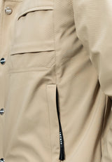 Close-up of the Eden Shirt Jacket Sand showing lightweight fabric and adjustable shirt cuffs. Mens Sand Shirt Jacket.