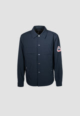 Mens Navy Shirt Jacket displayed on a gray background with button closure and logo patch.