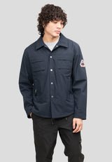Mens Navy Shirt Jacket, lightweight and water resistant, modeled by a young man with curly hair.
