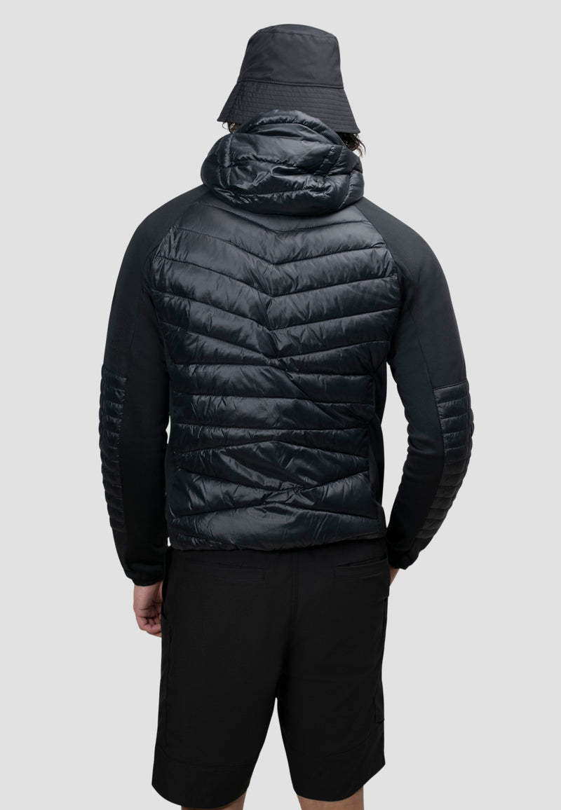 Men's black hooded jacket back view showcasing lightweight and water-resistant design.