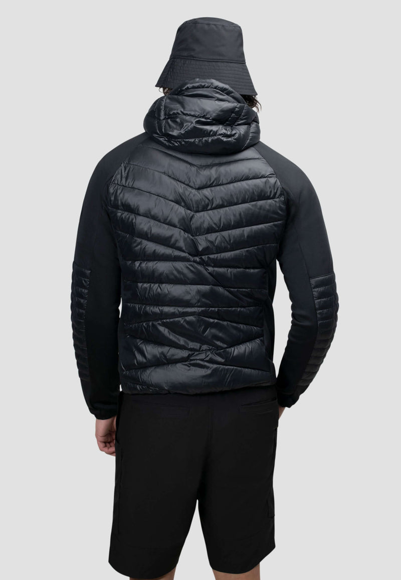 Men's black hooded jacket back view showcasing lightweight and water-resistant design.