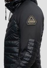 Mens Hybrid Black Hooded Jacket featuring lightweight water resistant fabric and THERMOLITE® insulation.