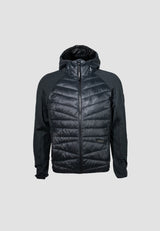 Mens Hybrid Black Hooded Jacket with lightweight water-resistant fabric and fleece-backed sleeves.