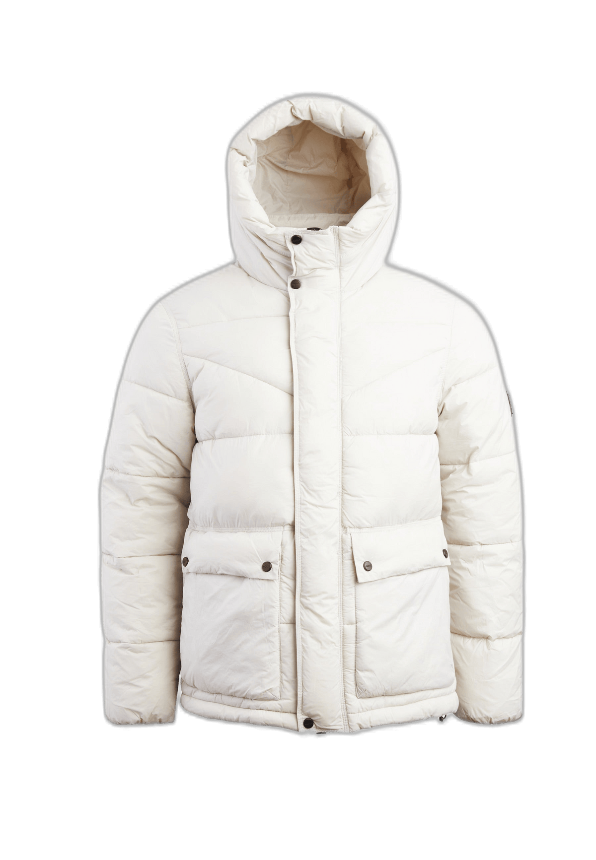 Short puffer coat in white with a structured fit, featuring a hood and adjustable hem for warmth and style.