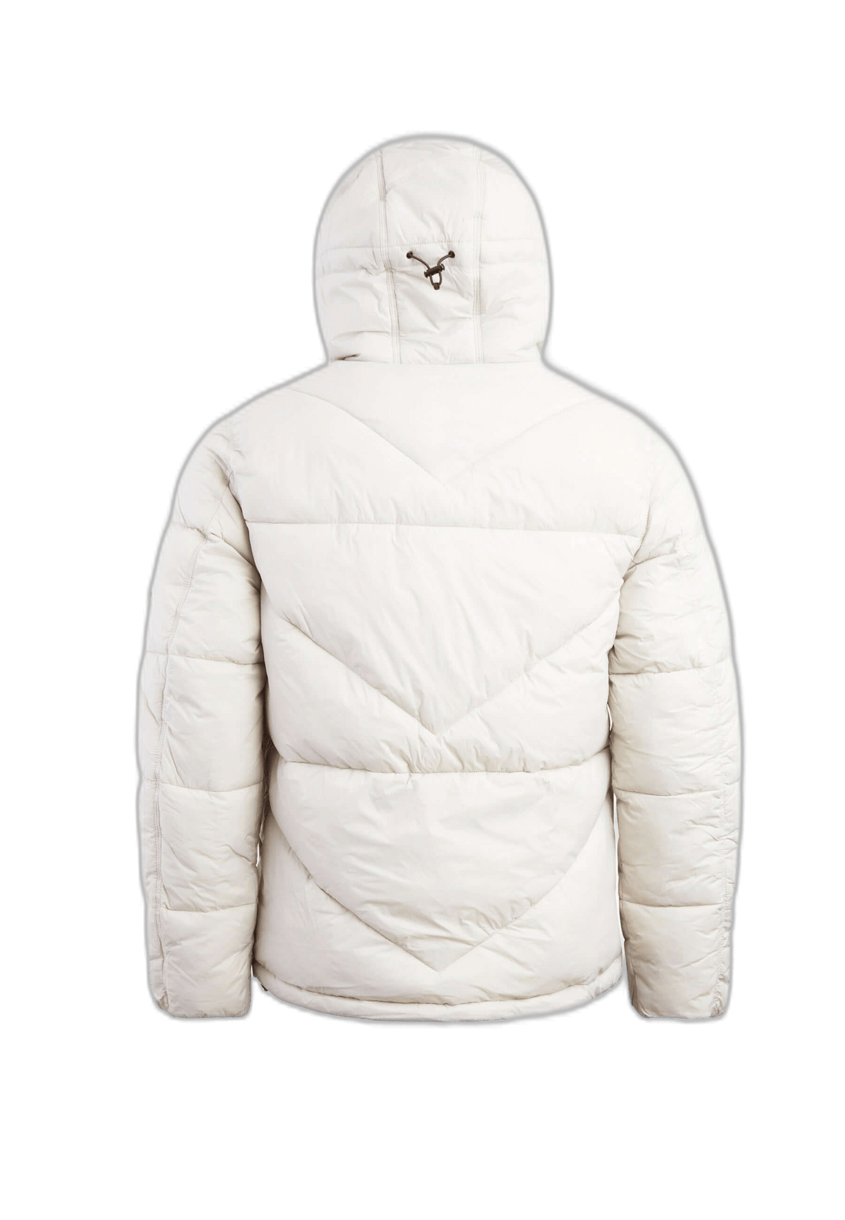Back view of a short puffer coat featuring a hood and chevron stitching in a light color.