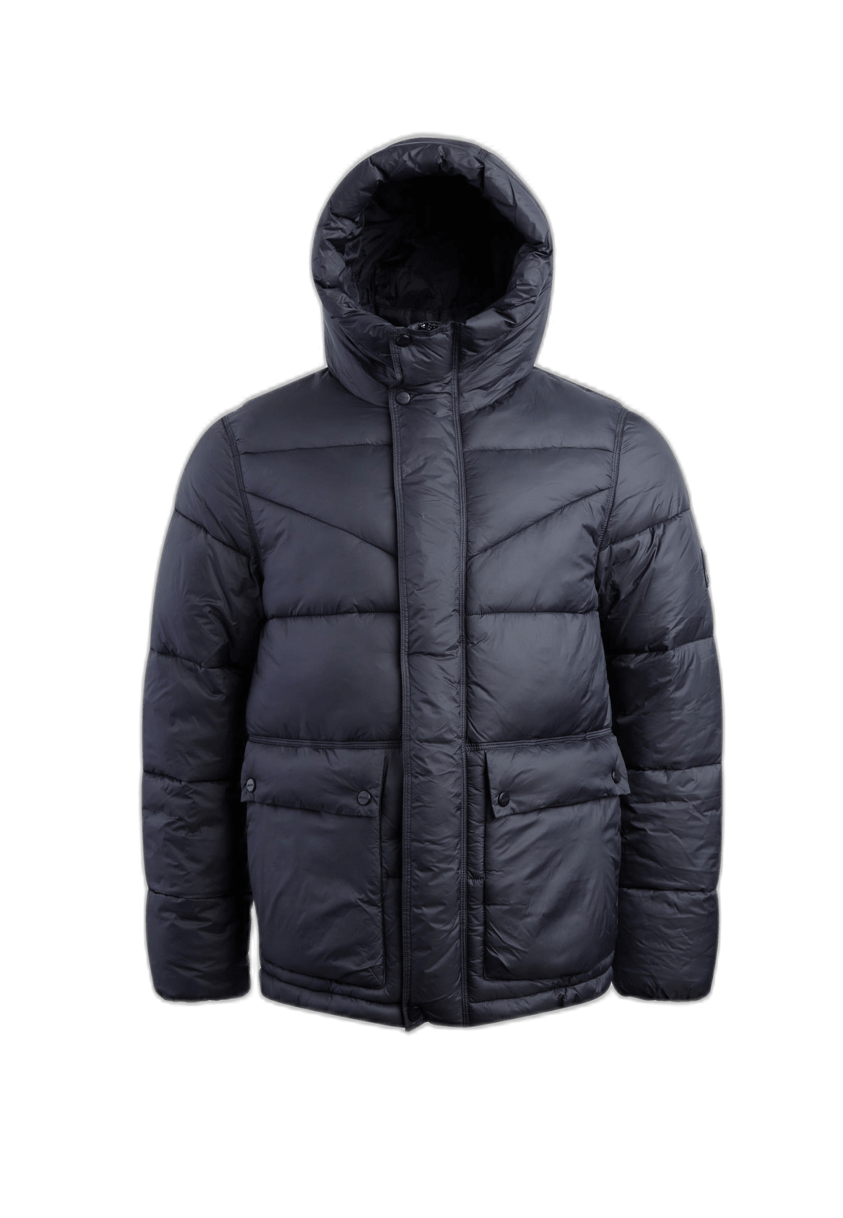 mens black puffer jacket with a structured fit and hood, designed for warmth without bulk.