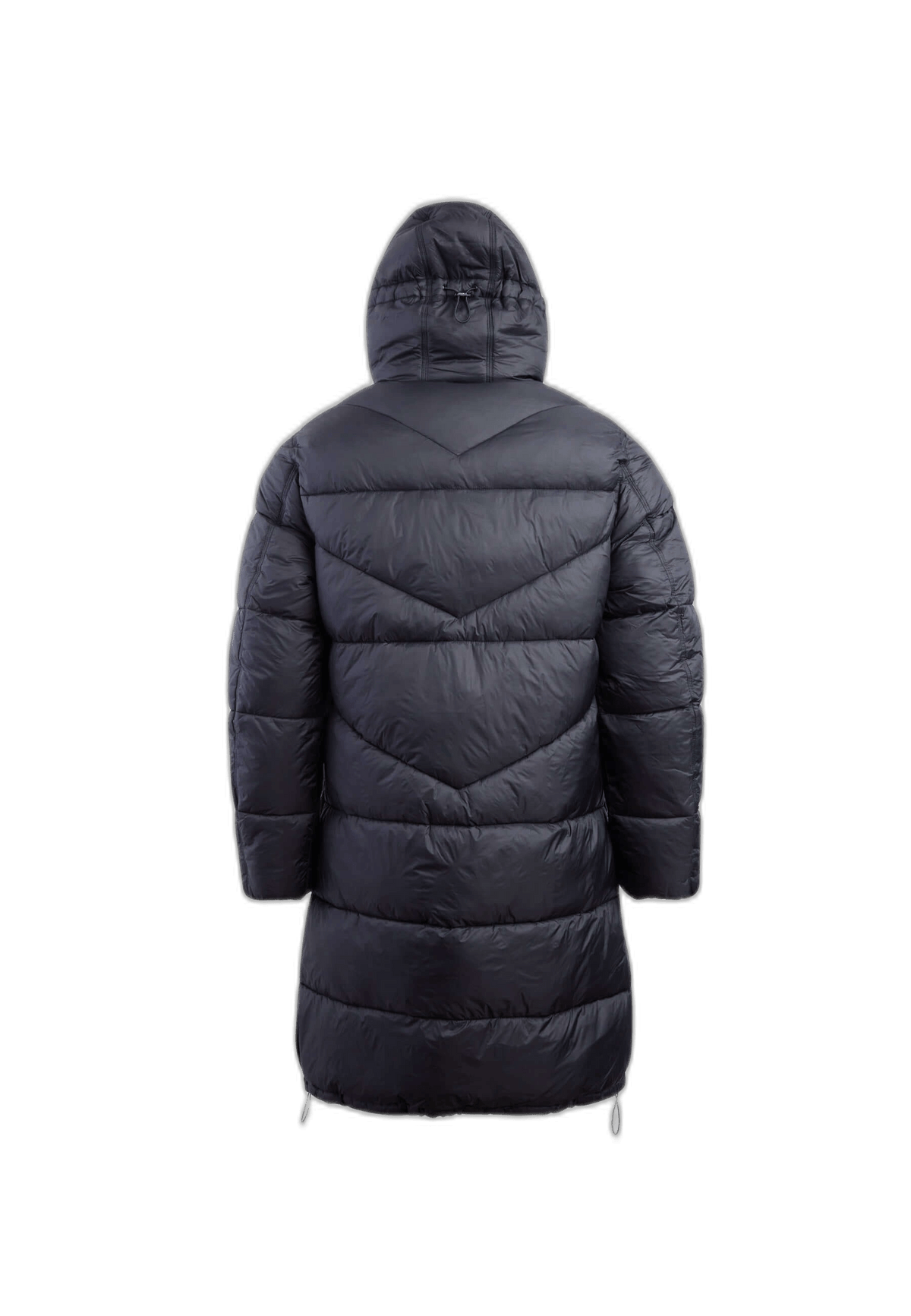 Back view of the Cloud Extra Long black Long Puffer Coat Mens featuring a hood and a sleek design.