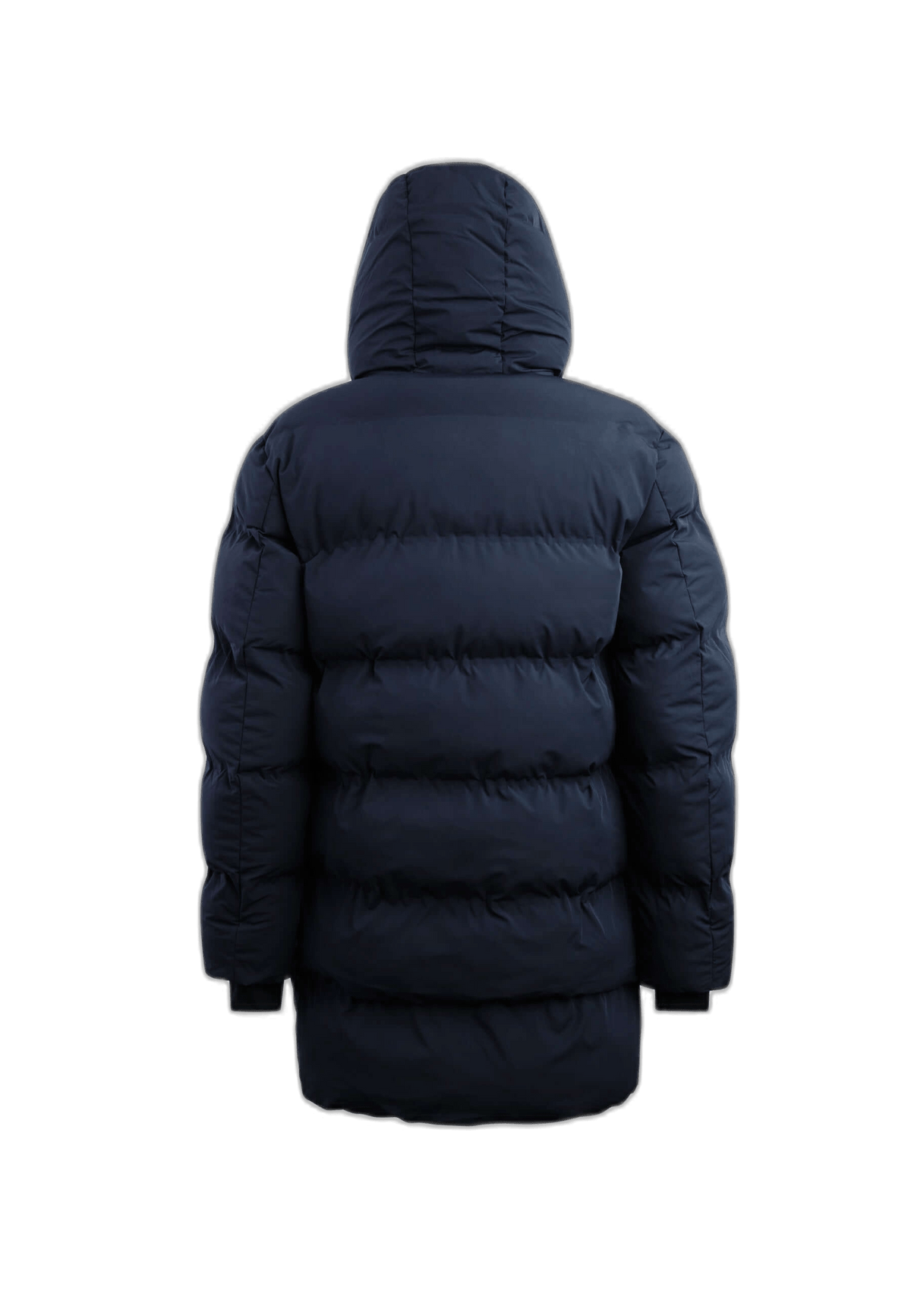 Back view of the Supremo Coat Navy, a stylish mens puffer coat with premium insulation for winter.