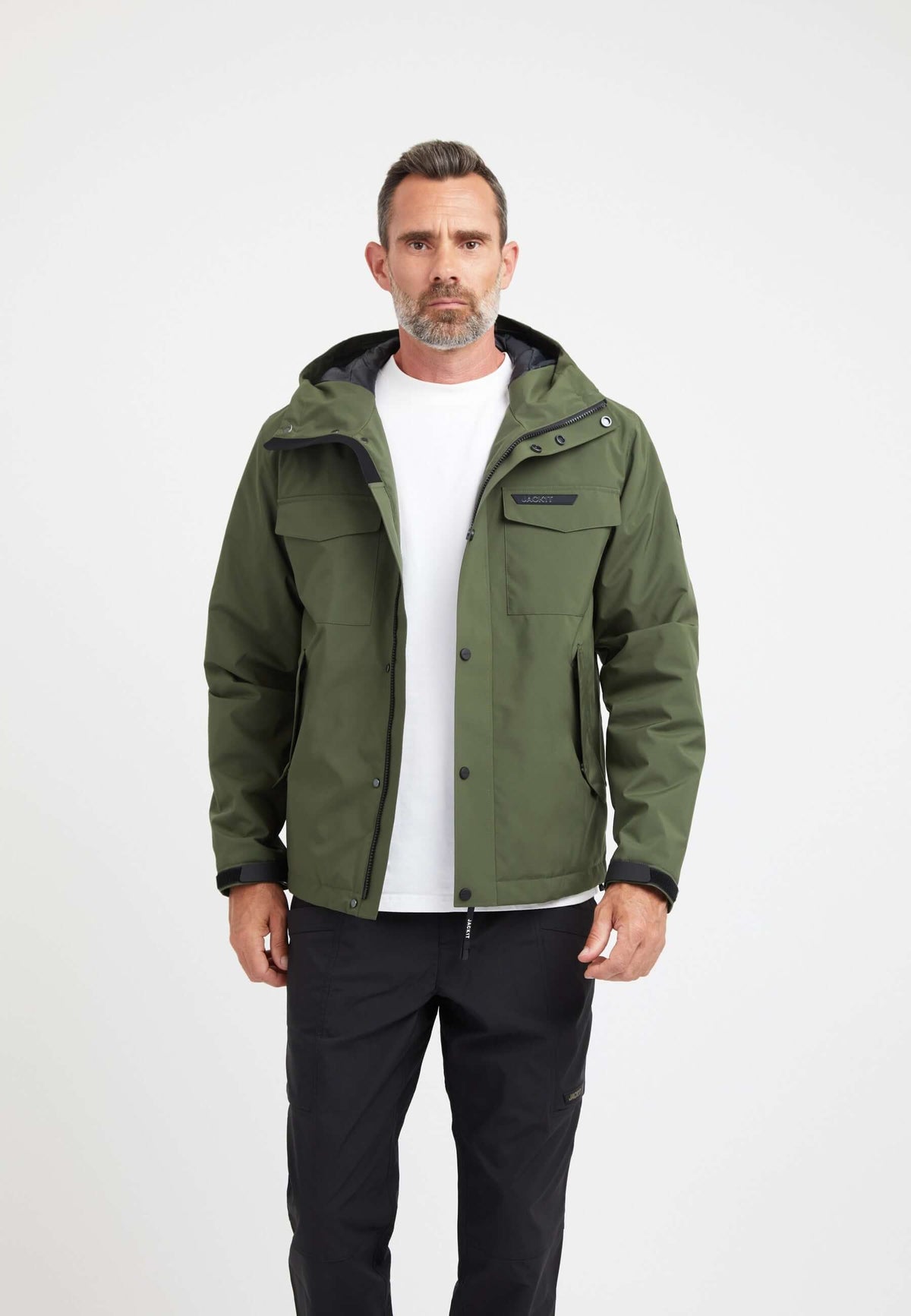 Thorium Hooded Jacket Deep Olive on model front view by JACK1T